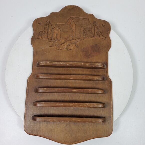 Antique Primitive Thimble Wall Display Wood 16x10x2 Inch Engraved Old Mill Scene - Picture 1 of 8